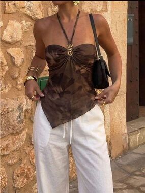 Brown Strapless Handkerchief Hem Top